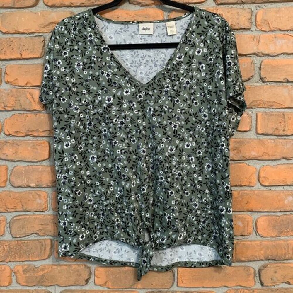 Daytrip Womens Small Top Green Floral V-Neck‎ Tie Front Short Sleeve Tee Stretch